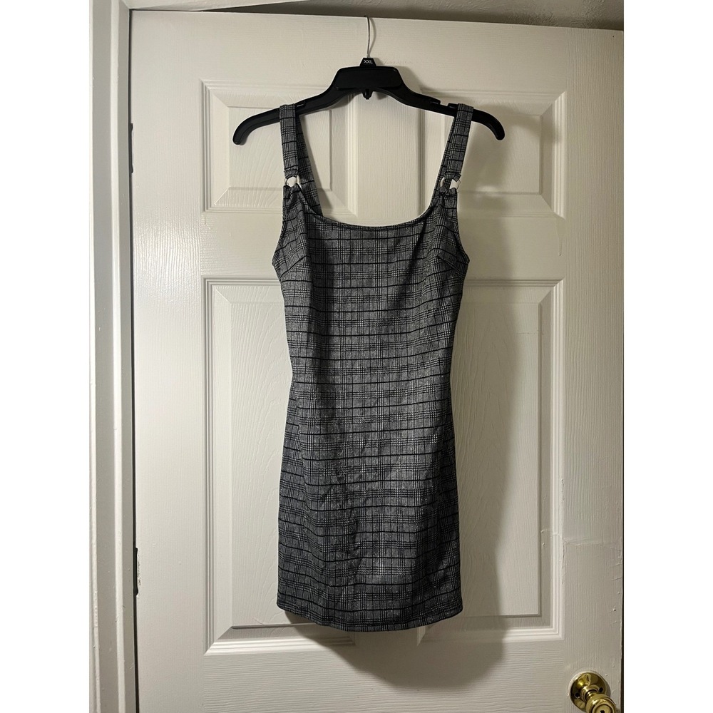 Grey Metallic Glen Plaid Mini Dress Square Neck Bodycon Sparkly‎ 6A4092A Large